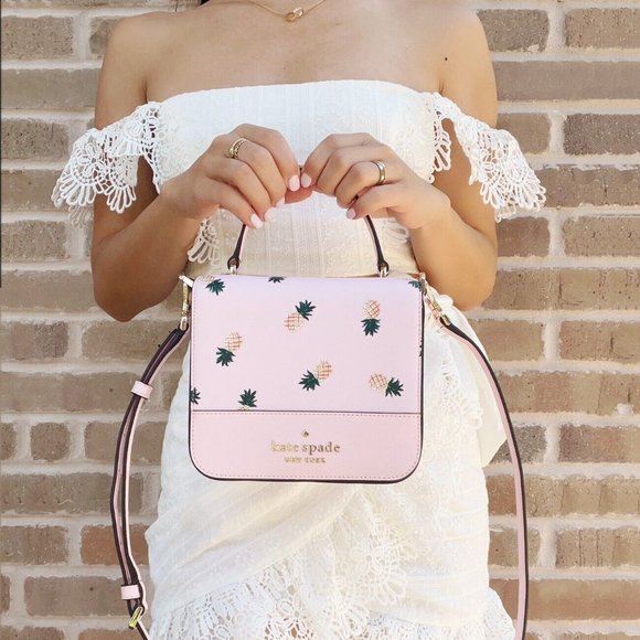 Kate Spade Colada Staci Pineapple Square Flap Crossbody Top Handle Pink Multi - Picture 2 of 8